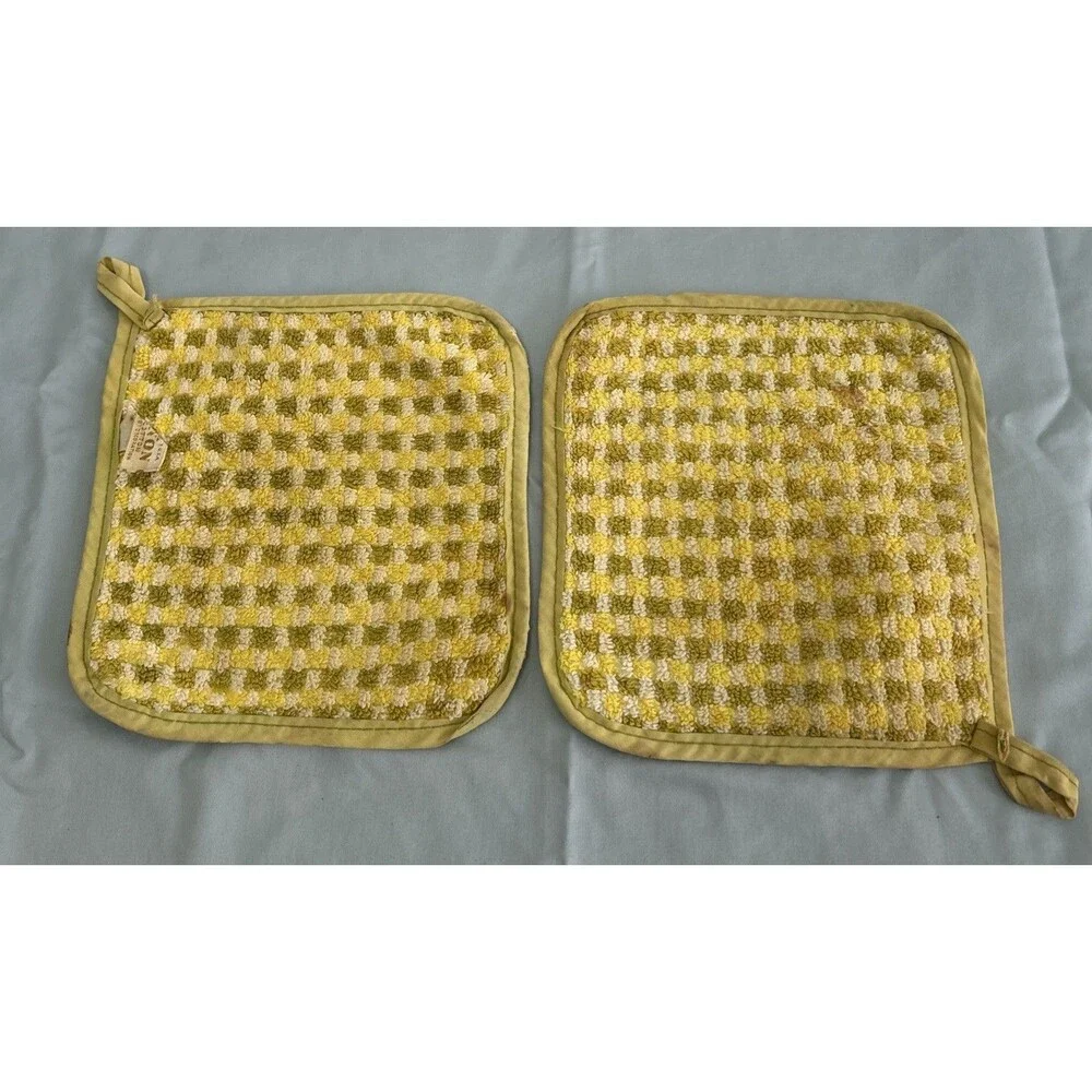 Vintage Cannon USA Cotton Terry Potholders Mustard Checkered 1970’s Distressed